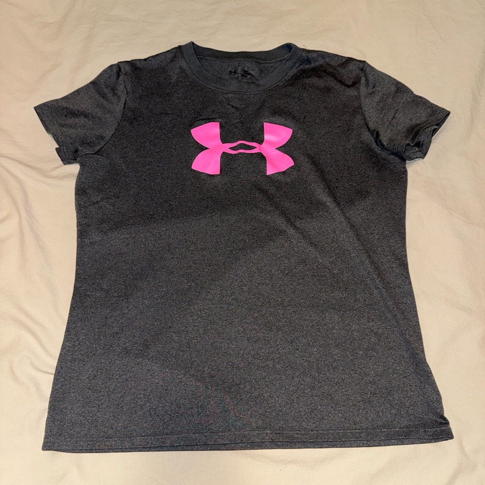 Under Armour Charcoal Tee with Vibrant Pink Emblem